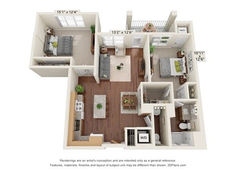 Floor plan for 2 beds, 2 baths, 1066 sqft